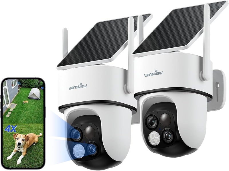 wansview Security Cameras Wireless Outdoor-2K Dual Lens Home Security Cameras, 360° View, Solar Panel Battery Powered, Color Night Vision, PIR Sensor, IP65 Waterproof, Work with Alexa, B7 2P White - Image 1